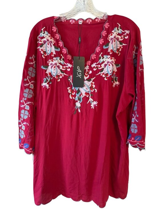 AK Tops - AK Embroidered Rayon Tunic Top 3XL Red Floral Boho Peasant Blouse NWT